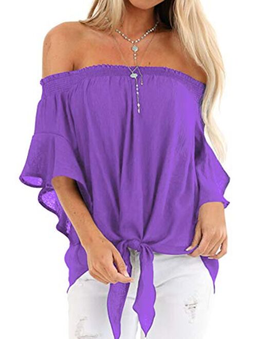 LEIYEE Womens Black Off The Shoulder Tops Summer Short Sleeve Tie Knot T Shirts Blouses