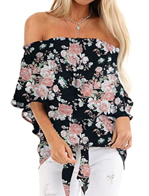 LEIYEE Womens Black Off The Shoulder Tops Summer Short Sleeve Tie Knot T Shirts Blouses