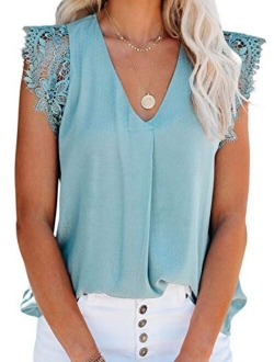 Canikat Womens V Neck Crochet Lace Strappy Cami Tank Tops Casual Loose Sleeveless Shirts Blouses