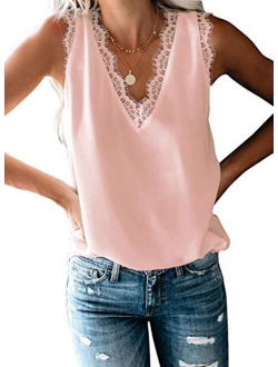 Canikat Womens V Neck Crochet Lace Strappy Cami Tank Tops Casual Loose Sleeveless Shirts Blouses