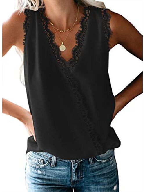 Canikat Womens V Neck Crochet Lace Strappy Cami Tank Tops Casual Loose Sleeveless Shirts Blouses