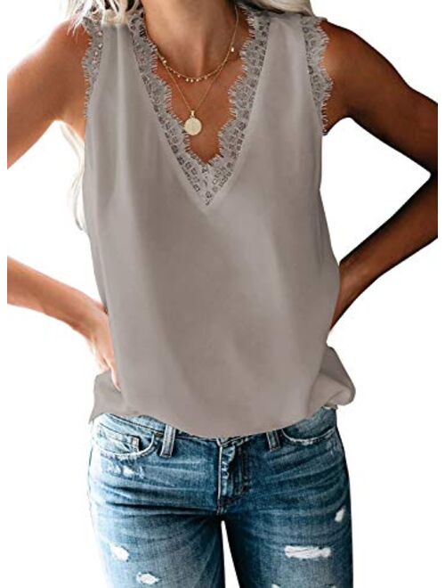 Canikat Womens V Neck Crochet Lace Strappy Cami Tank Tops Casual Loose Sleeveless Shirts Blouses