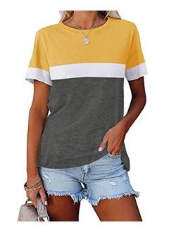 Ziwoch Womens Color Block Short Sleeve Tops Crew Neck Casual Basic Comfy Loose Fit T Shirts