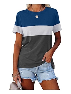 Ziwoch Womens Color Block Short Sleeve Tops Crew Neck Casual Basic Comfy Loose Fit T Shirts