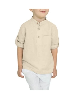 Boys Cotton Linen Henley Shirt Button Down Shirt Long Sleeve T Shirt Beach Shirt Tee Casual Solid Tops