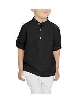 Boys Cotton Linen Henley Shirt Button Down Shirt Long Sleeve T Shirt Beach Shirt Tee Casual Solid Tops