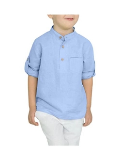 Boys Cotton Linen Henley Shirt Button Down Shirt Long Sleeve T Shirt Beach Shirt Tee Casual Solid Tops