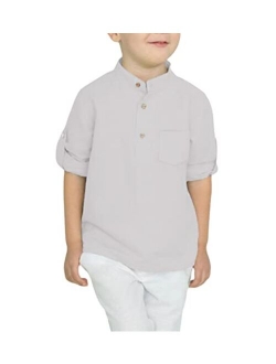 Boys Cotton Linen Henley Shirt Button Down Shirt Long Sleeve T Shirt Beach Shirt Tee Casual Solid Tops