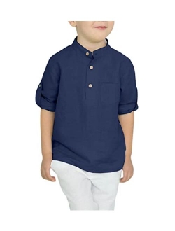 Boys Cotton Linen Henley Shirt Button Down Shirt Long Sleeve T Shirt Beach Shirt Tee Casual Solid Tops