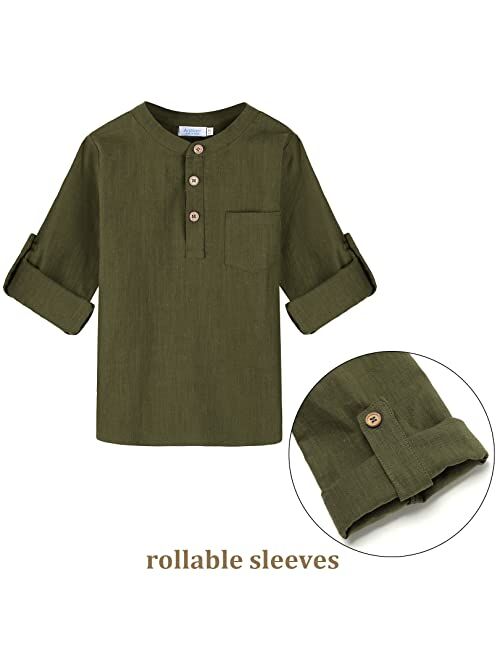 Arshiner Boys Cotton Linen Henley Shirt Button Down Shirt Long Sleeve T Shirt Beach Shirt Tee Casual Solid Tops