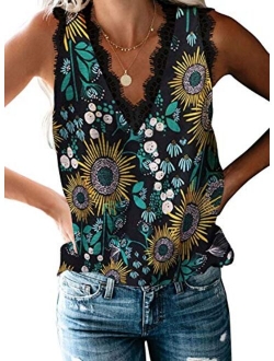 BLENCOT Women Ladies Sexy V Neck Floral Lace Trim Tank Tops Casual Loose Sleeveless Blouse Shirts Work