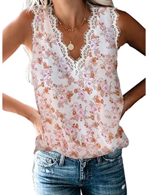 BLENCOT Women Ladies Sexy V Neck Floral Lace Trim Tank Tops Casual Loose Sleeveless Blouse Shirts Work