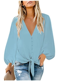 luvamia Women's Casual Long Balloon Sleeve V Neck Loose Button Down Shirts Tie Knot Tops Blouse