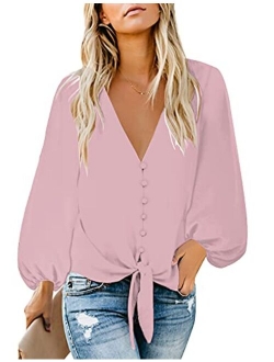 luvamia Women's Casual Long Balloon Sleeve V Neck Loose Button Down Shirts Tie Knot Tops Blouse