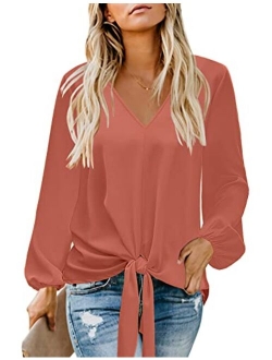 luvamia Women's Casual Long Balloon Sleeve V Neck Loose Button Down Shirts Tie Knot Tops Blouse