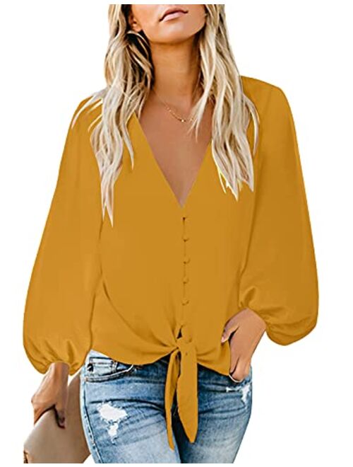 luvamia Women's Casual Long Balloon Sleeve V Neck Loose Button Down Shirts Tie Knot Tops Blouse