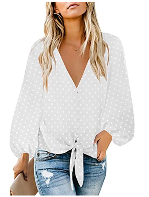 luvamia Women's Casual Long Balloon Sleeve V Neck Loose Button Down Shirts Tie Knot Tops Blouse