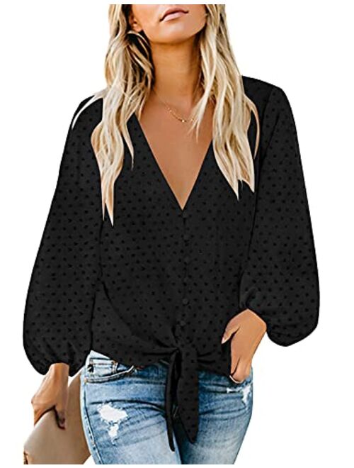 luvamia Women's Casual Long Balloon Sleeve V Neck Loose Button Down Shirts Tie Knot Tops Blouse