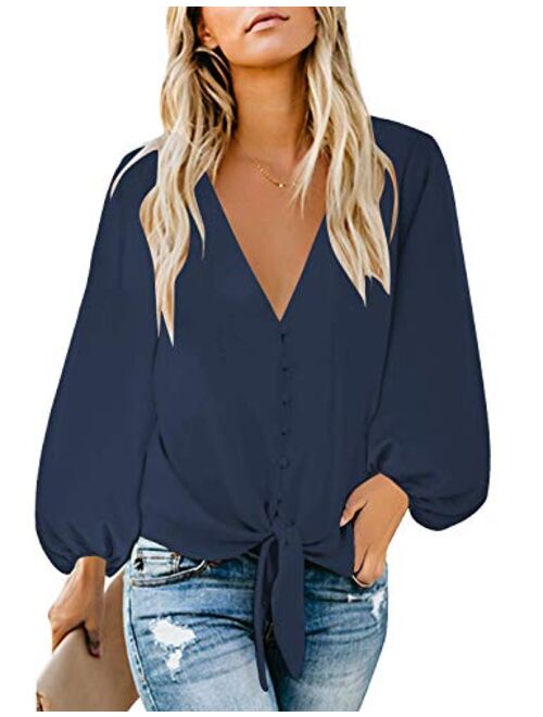 luvamia Women's Casual Long Balloon Sleeve V Neck Loose Button Down Shirts Tie Knot Tops Blouse