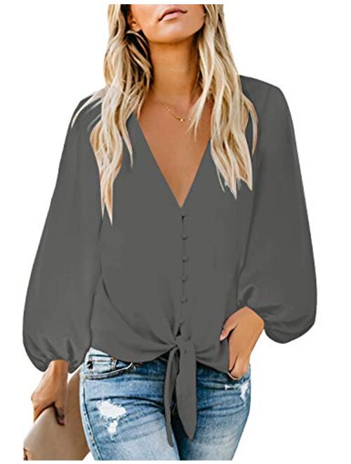 luvamia Women's Casual Long Balloon Sleeve V Neck Loose Button Down Shirts Tie Knot Tops Blouse