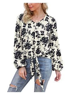 VIISHOW Womens Tie Front Knot Lartern Sleeve Loose Fit V Neck Floral Blouses Chiffon Tops Shirts