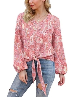 VIISHOW Womens Tie Front Knot Lartern Sleeve Loose Fit V Neck Floral Blouses Chiffon Tops Shirts