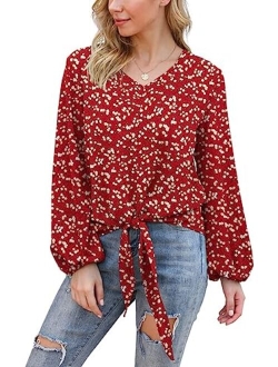 VIISHOW Womens Tie Front Knot Lartern Sleeve Loose Fit V Neck Floral Blouses Chiffon Tops Shirts
