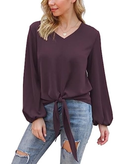 VIISHOW Womens Tie Front Knot Lartern Sleeve Loose Fit V Neck Floral Blouses Chiffon Tops Shirts