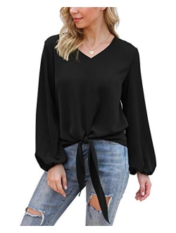 VIISHOW Womens Tie Front Knot Lartern Sleeve Loose Fit V Neck Floral Blouses Chiffon Tops Shirts