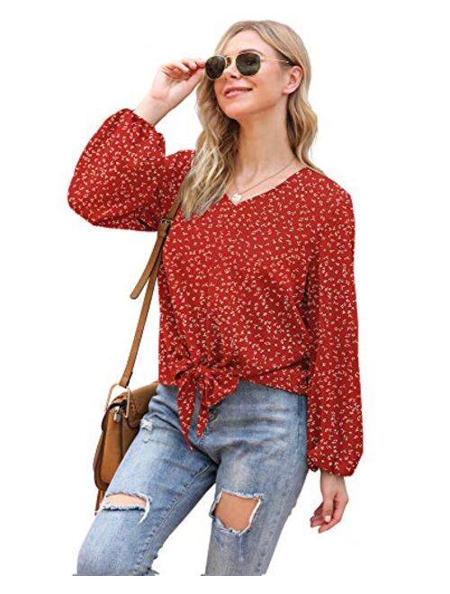 Funko VIISHOW Womens Tie Front Knot Lartern Sleeve Loose Fit V Neck Floral Blouses Chiffon Tops Shirts