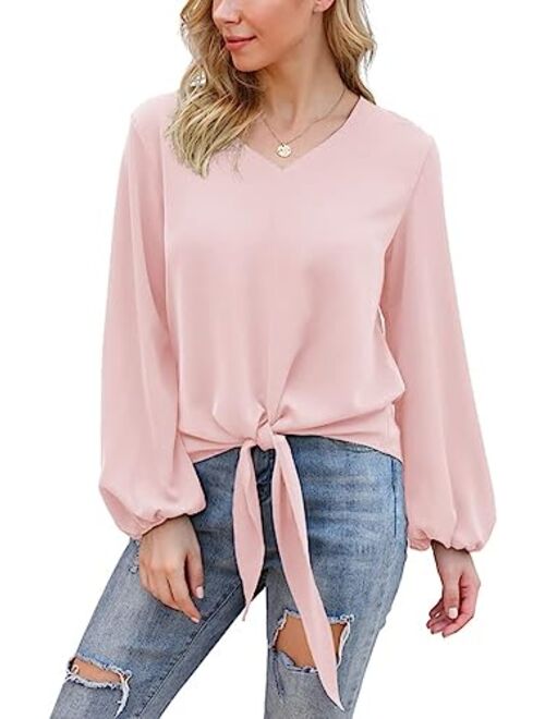 Funko VIISHOW Womens Tie Front Knot Lartern Sleeve Loose Fit V Neck Floral Blouses Chiffon Tops Shirts