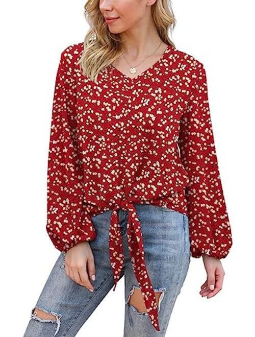 Funko VIISHOW Womens Tie Front Knot Lartern Sleeve Loose Fit V Neck Floral Blouses Chiffon Tops Shirts