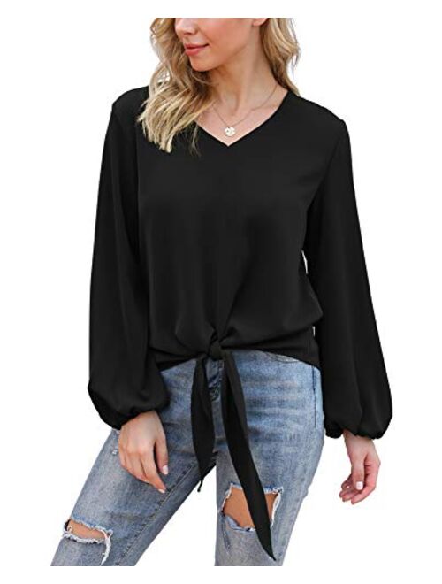 Funko VIISHOW Womens Tie Front Knot Lartern Sleeve Loose Fit V Neck Floral Blouses Chiffon Tops Shirts