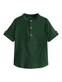 Malliosse Boys Short Sleeve Henley Shirt Button Up Line Cotton Dress Shirts Tees Tops with One Pocket