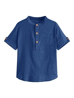 Malliosse Boys Short Sleeve Henley Shirt Button Up Line Cotton Dress Shirts Tees Tops with One Pocket