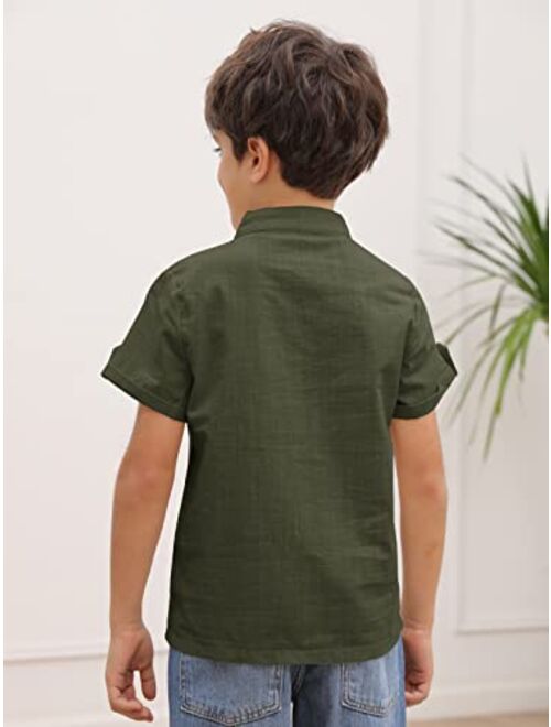 Malliosse Boys Short Sleeve Henley Shirt Button Up Line Cotton Dress Shirts Tees Tops with One Pocket