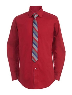 Boys' Long Sleeve Dress Shirt with Straight Tie, Collared Button-Down with Cuff Sleeves