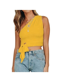 WEEPINLEE Women's Sexy One Shoulder Sleeveless Bowknot Shirts Crop Tops