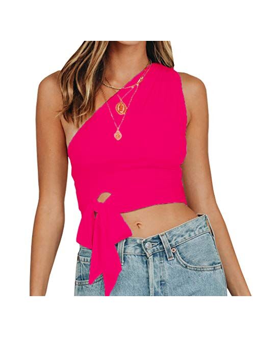 WEEPINLEE Women's Sexy One Shoulder Sleeveless Bowknot Shirts Crop Tops