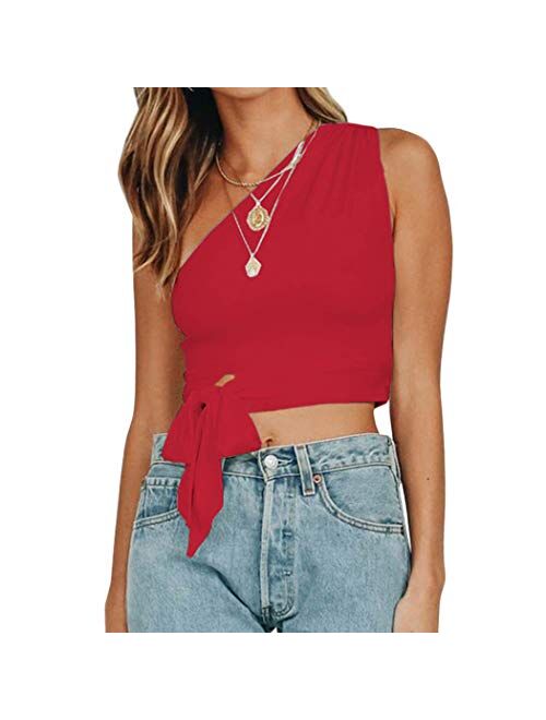 WEEPINLEE Women's Sexy One Shoulder Sleeveless Bowknot Shirts Crop Tops