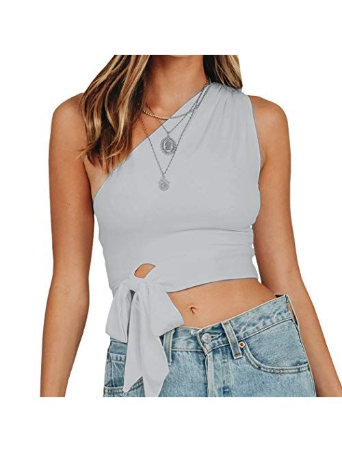 WEEPINLEE Women's Sexy One Shoulder Sleeveless Bowknot Shirts Crop Tops