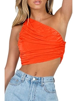 CHYRII Women's Sexy Sparkly One Shoulder Crop Tops Sleeveless Ruched Tank Tops