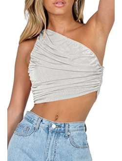 CHYRII Women's Sexy Sparkly One Shoulder Crop Tops Sleeveless Ruched Tank Tops