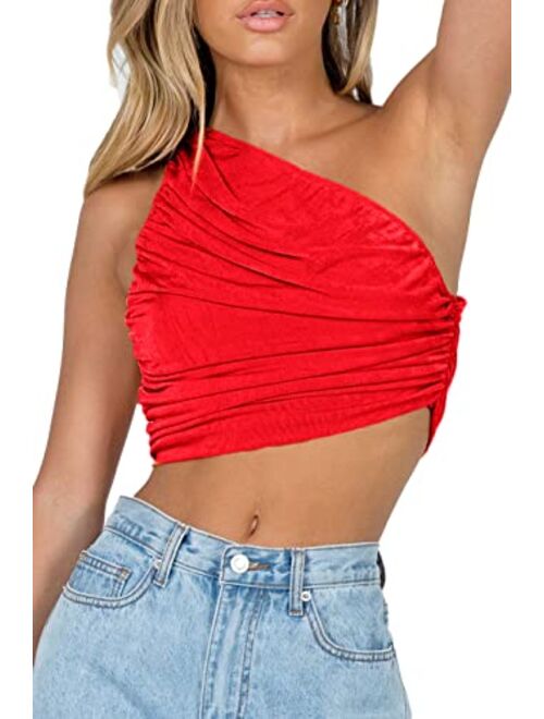 CHYRII Women's Sexy Sparkly One Shoulder Crop Tops Sleeveless Ruched Tank Tops