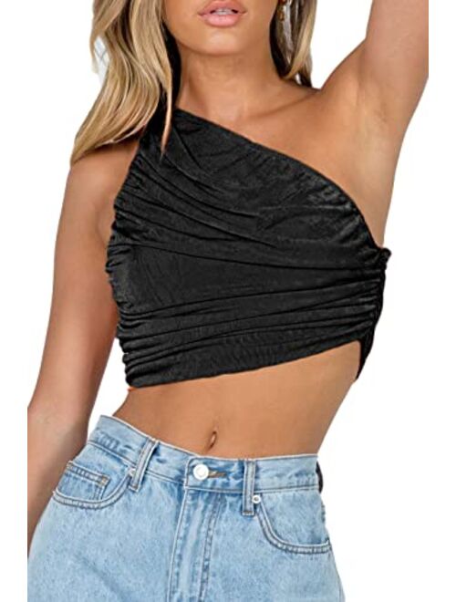 CHYRII Women's Sexy Sparkly One Shoulder Crop Tops Sleeveless Ruched Tank Tops