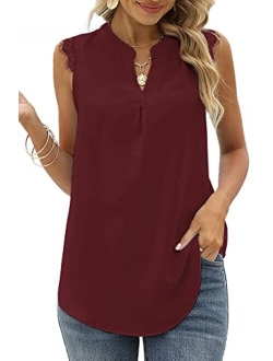 Kindthem Womens Tops Women Summer Shirts Chiffon Blouses for Women Casual Comfy V-Neck Lace Sleeveless Tops