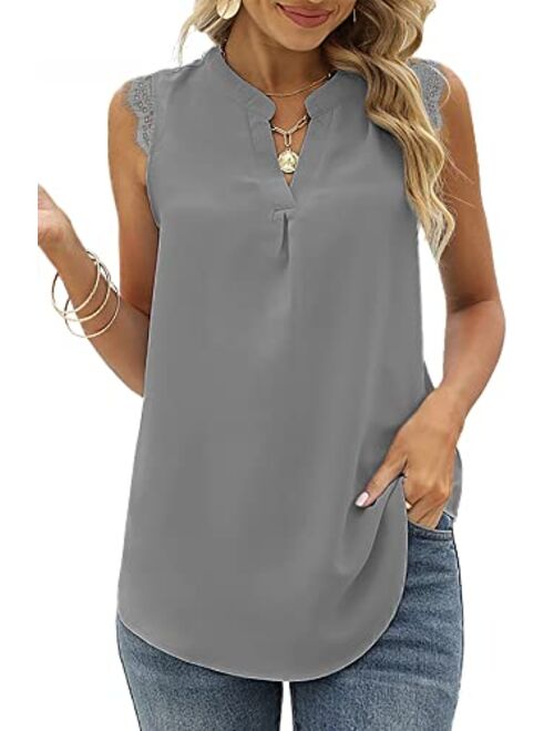 Kindthem Womens Tops Women Summer Shirts Chiffon Blouses for Women Casual Comfy V-Neck Lace Sleeveless Tops