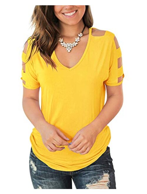 Jescakoo Women's Short Sleeve Cut Out Cold Shoulder Tops Deep V Neck T Shirts