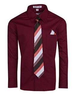 Tuxgear Boys Long Sleeve Button Up Dress Shirt with Necktie and Pocket Square