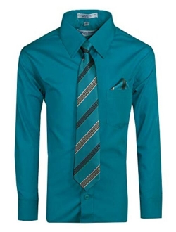 Tuxgear Boys Long Sleeve Button Up Dress Shirt with Necktie and Pocket Square